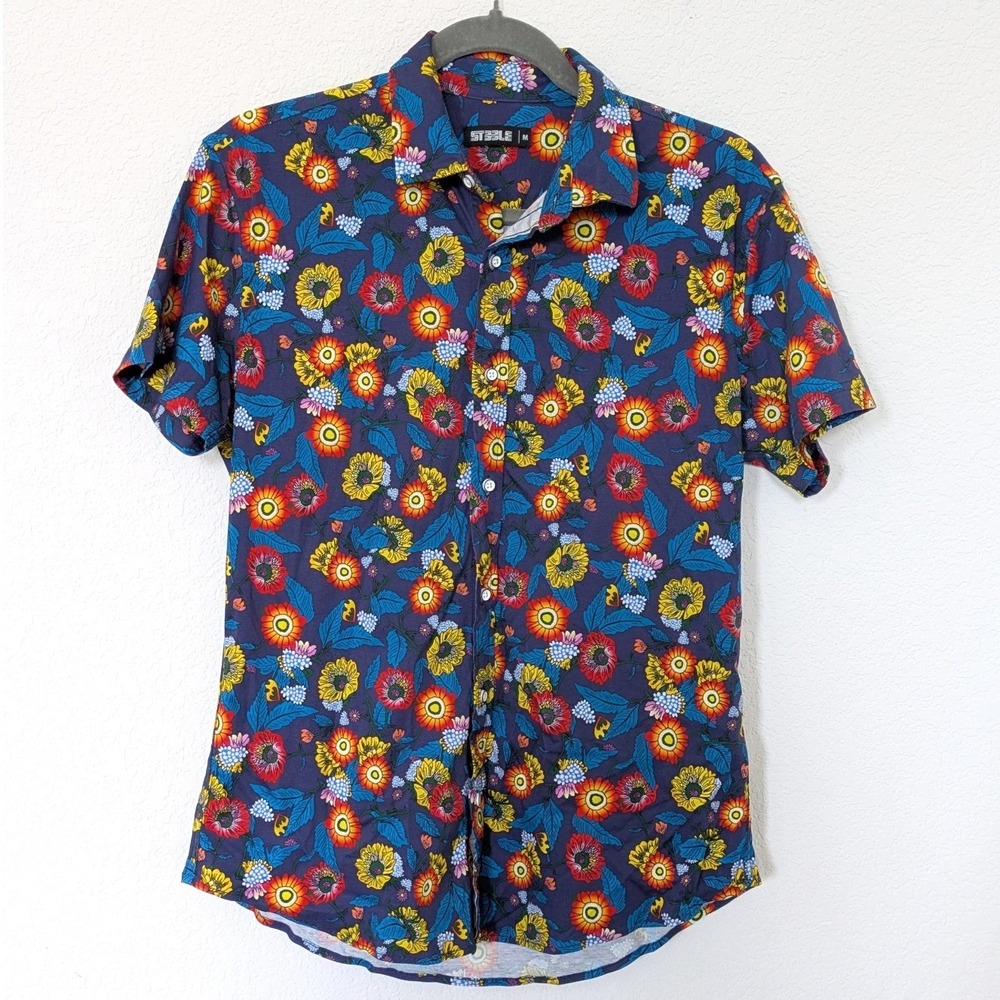 ST33LE Floral Button Down Shirt Men's‎ Medium Short Sleeve Cotton Stretch